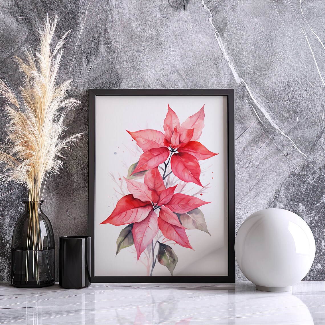 Pink Poinsettia Blossoms Watercolor Festive Botanical Art Poster - Image 4