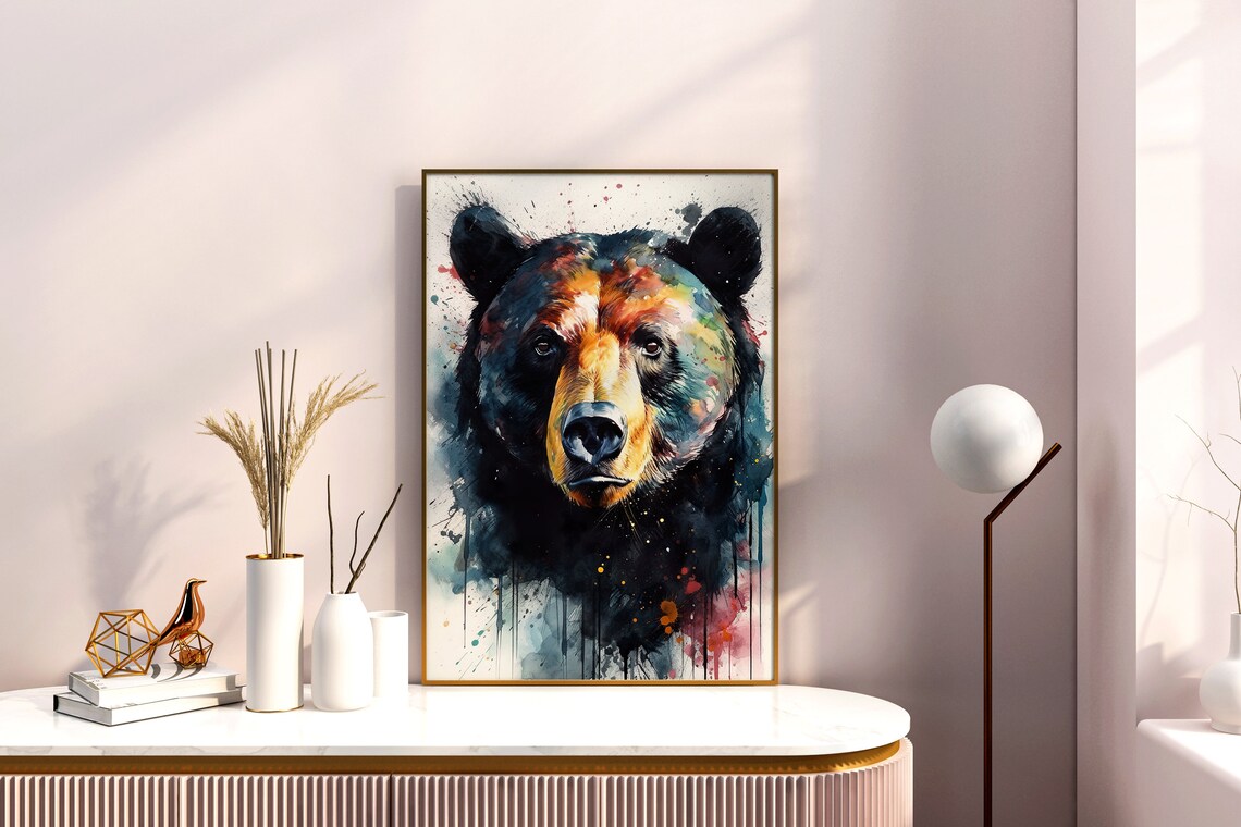Black Bear Portrait Watercolor Splash Dark Wildlife Art Poster - Image 3