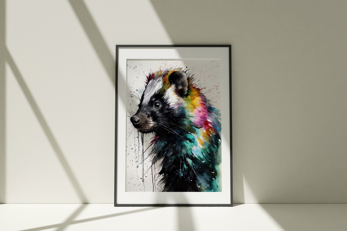 Skunk Portrait Watercolor Rainbow Splash Wildlife Art Poster - Image 5