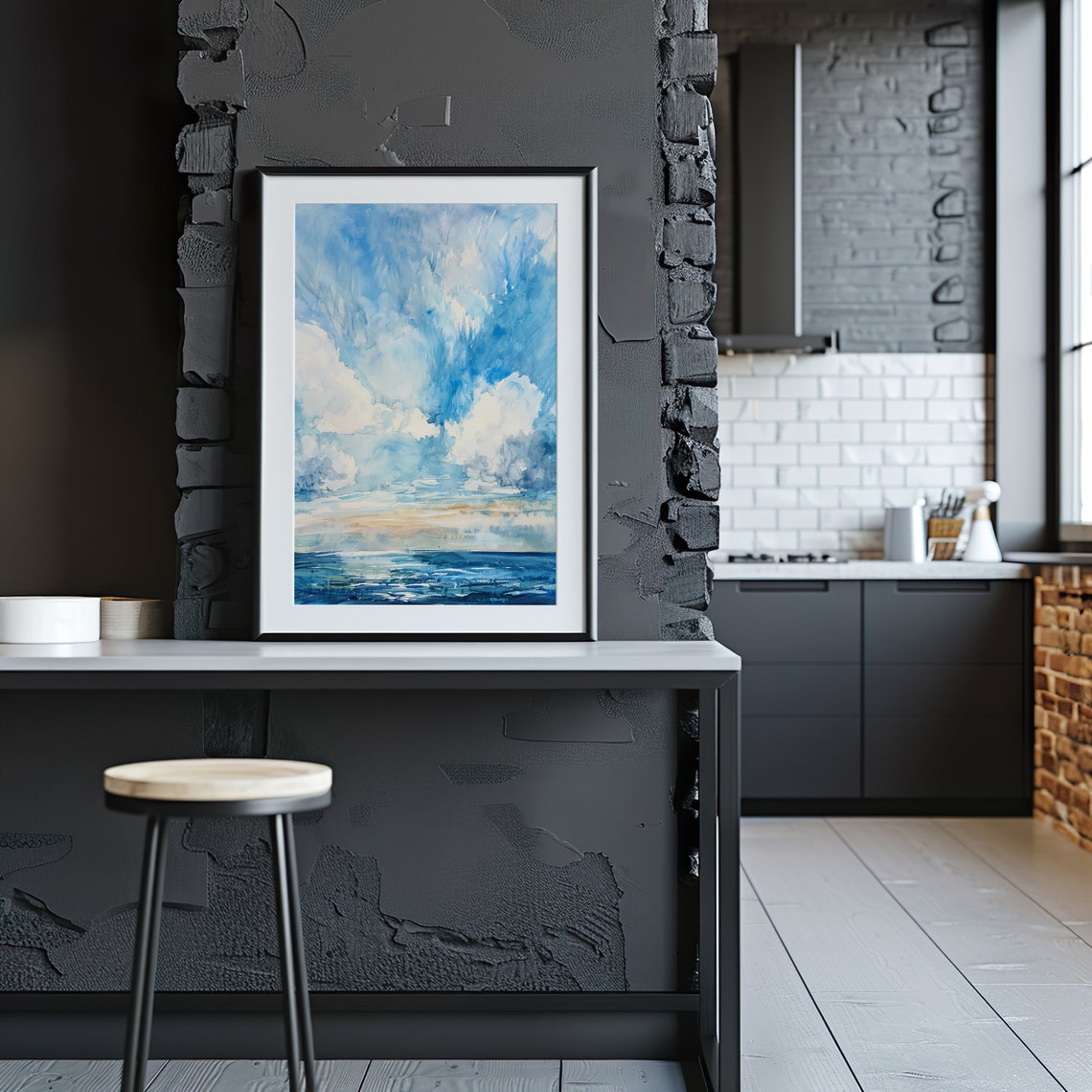 Blue Sky Clouds Over Ocean Watercolor Seascape Artwork Poster - Image 4