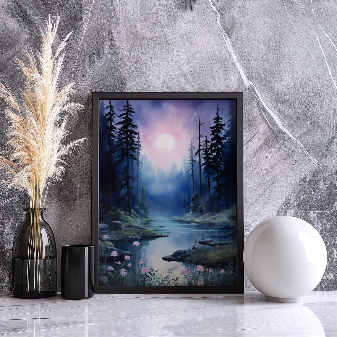 Moonlit Lake Pine Forest Watercolor Painting Poster with Pink Wildflowers - Image 5