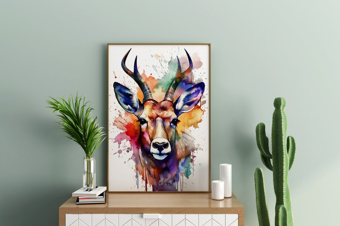 Deer Watercolor Portrait Young Buck Antlers Splash Art Poster - Image 4