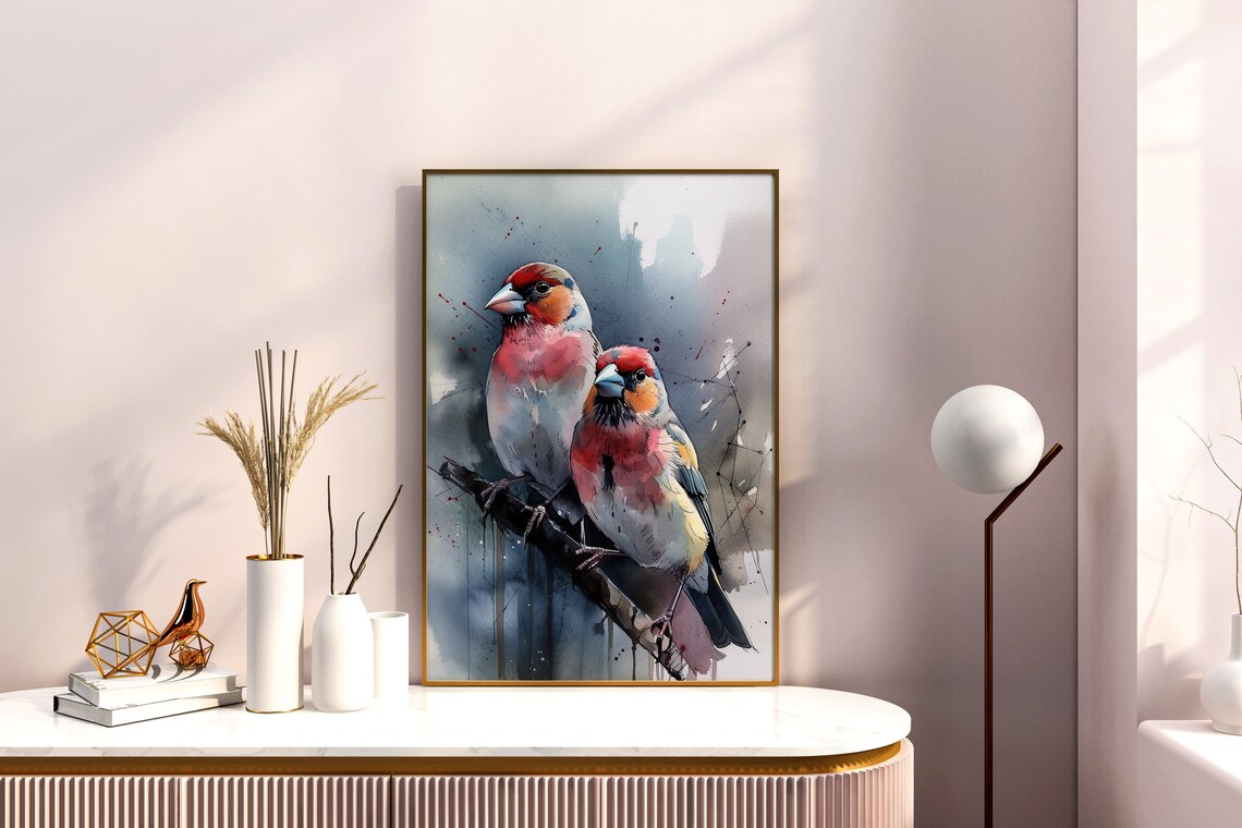 Red Finch Birds Watercolor Perched Branch Songbird Art Poster - Image 4