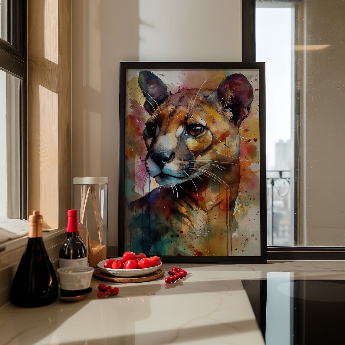 Cougar Colorful Watercolor Portrait Tawny Big Cat Splash Art Poster - Image 4