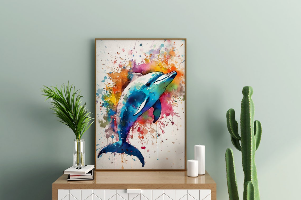 Leaping Dolphin Watercolor Portrait Blue Ocean Splash Art Poster - Image 2