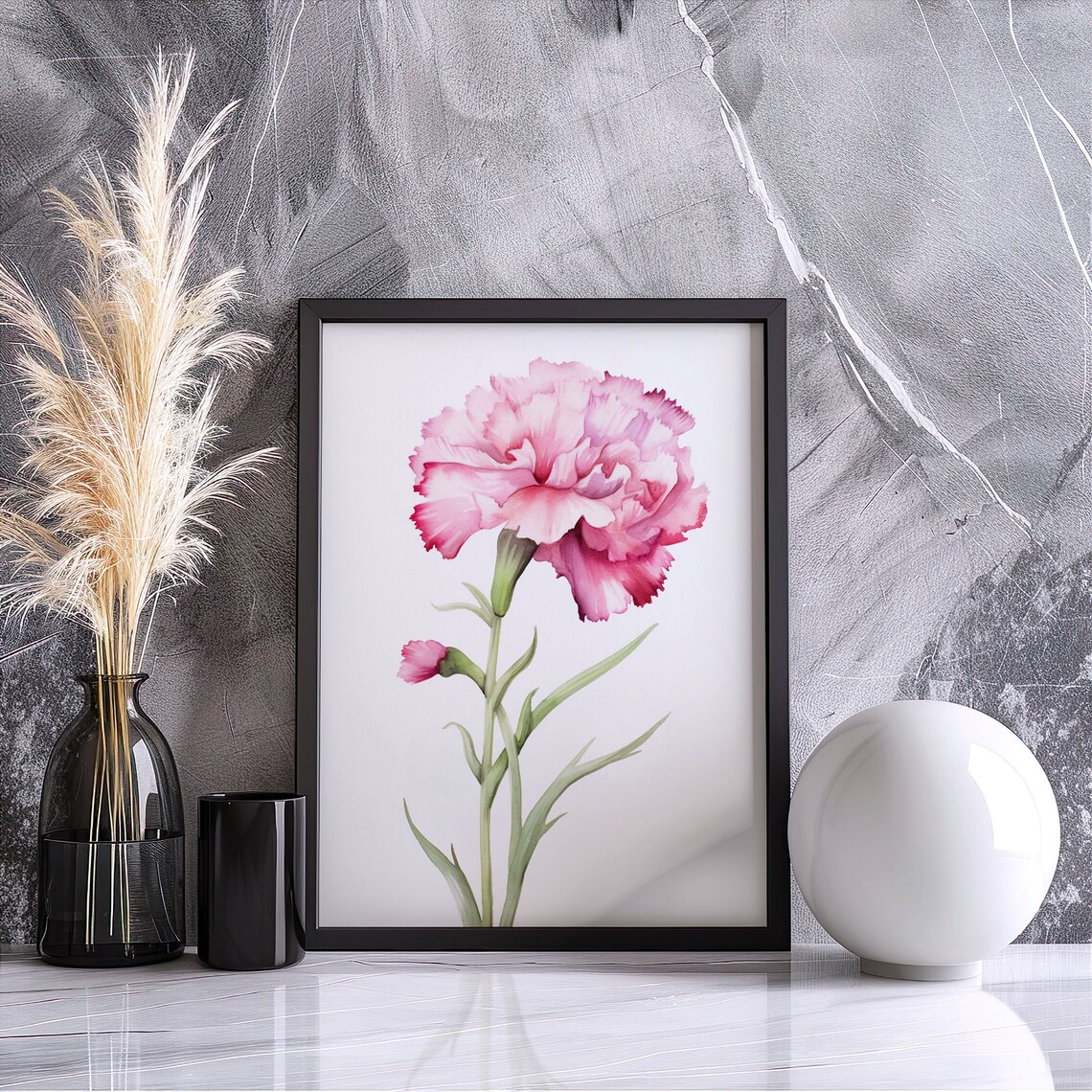 Pink Carnation With Bud Fringed Petals Watercolor Floral Art Poster - Image 3