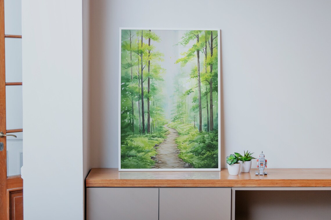 Sunlit Green Forest Path Bright Watercolor Lush Woodland Art Poster - Image 4
