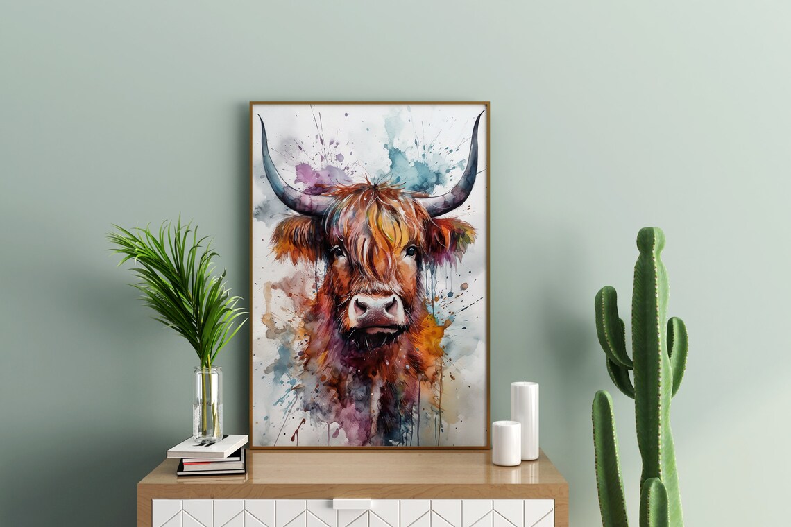 Highland Cow Painting Wall Art Poster Gift Watercolor Colorful Animal Painting Illustration Nature Wall Art Home Decor Print - Image 3