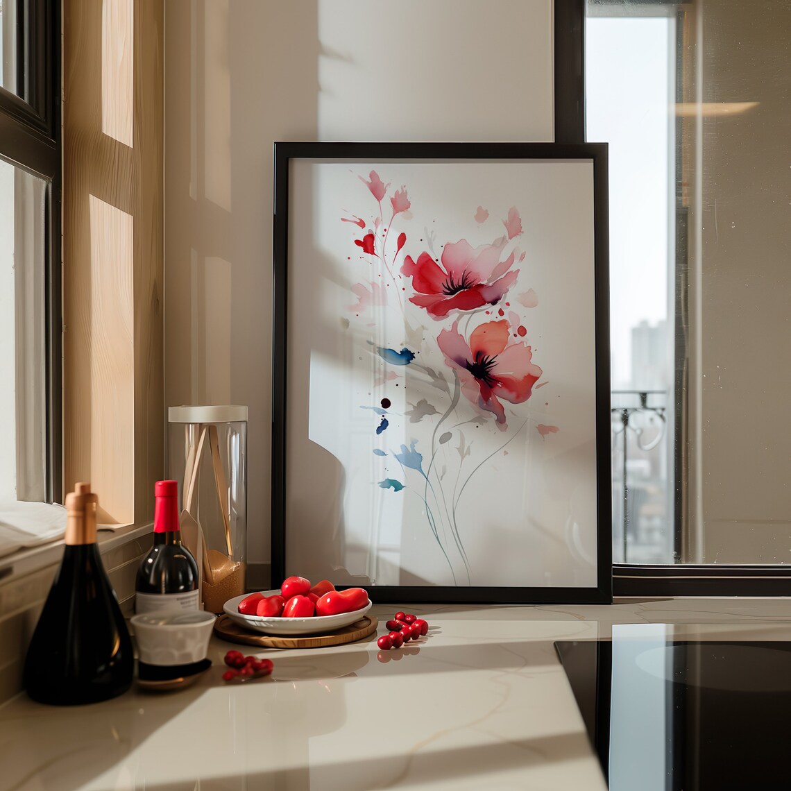 Red Poppy Flowers Minimalist Watercolor Floral Painting Wall Art - Image 4