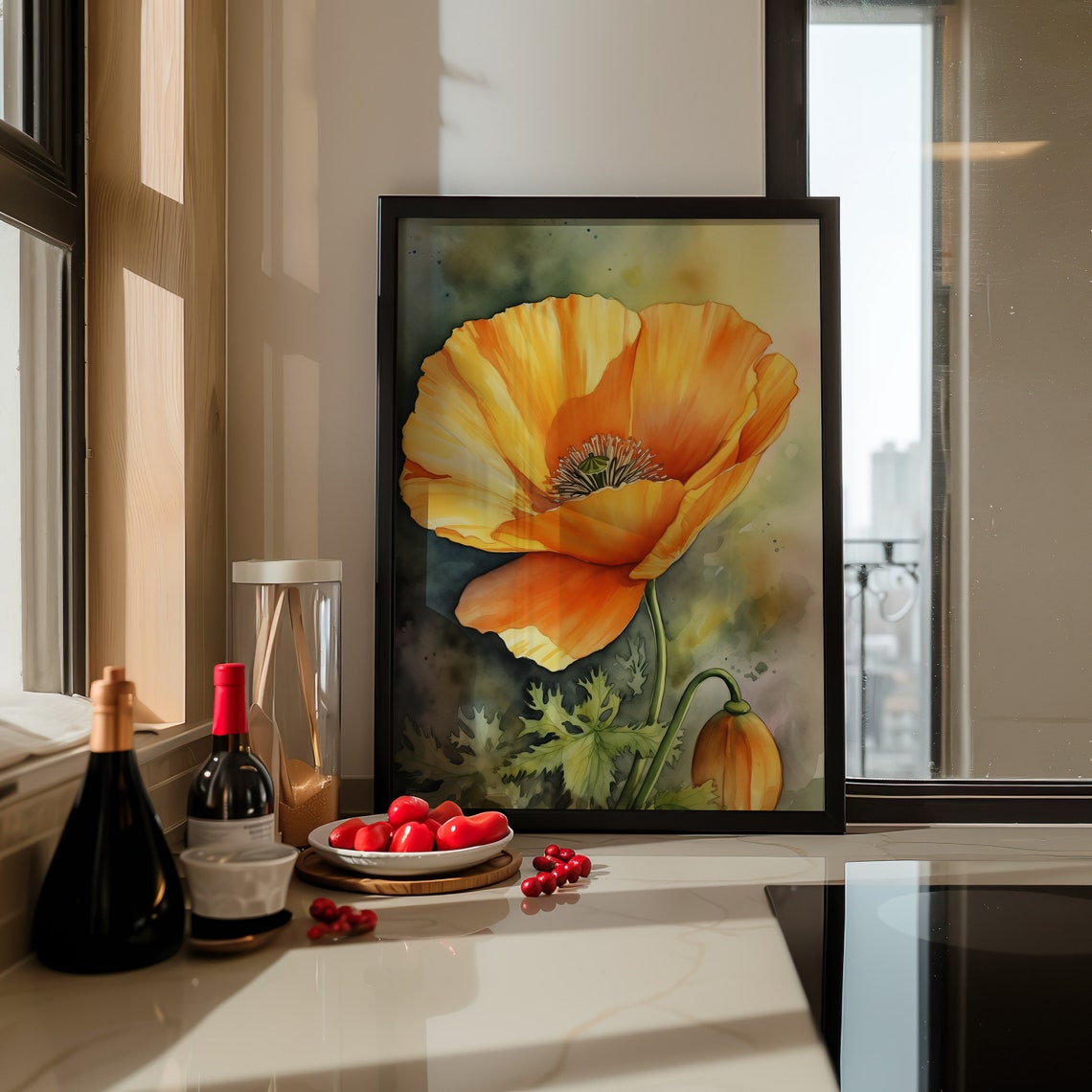 Orange Poppy Flower With Bud Watercolor Rustic Botanical Art Poster - Image 5