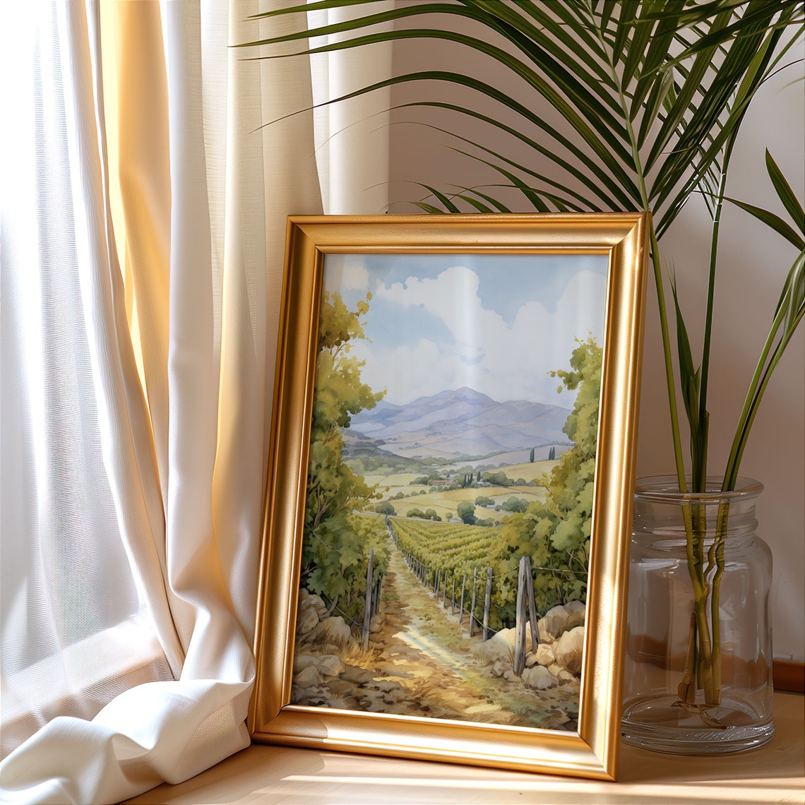 Tuscan Vineyard Path Rolling Hills Watercolor Countryside Art Poster - Image 3