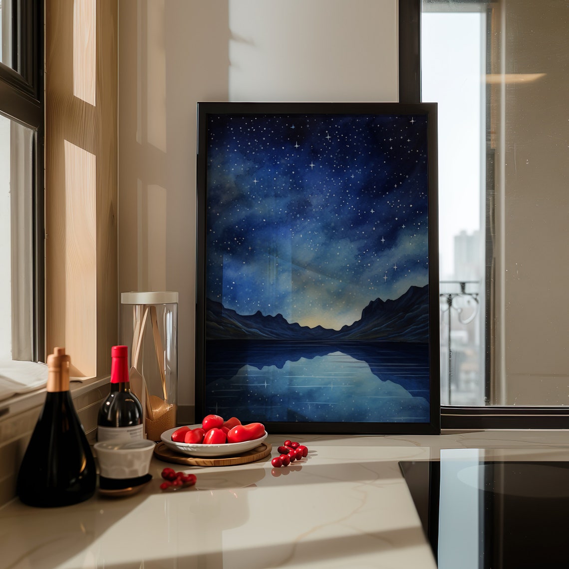 Starry Night Sky Over Mountain Lake Reflective Nature Art Poster - Image 4