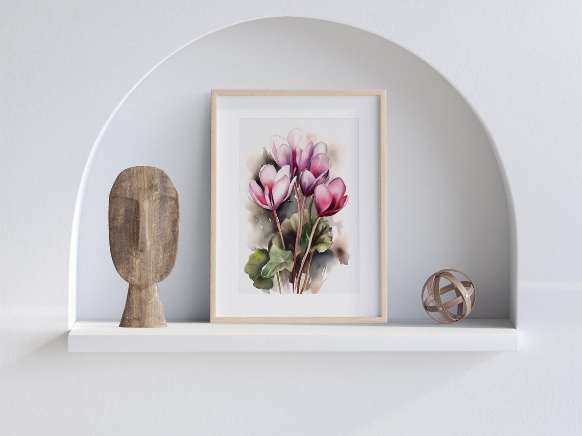 Pink Cyclamen Flower Blooms Soft Watercolor Botanical Wall Art - Image 3