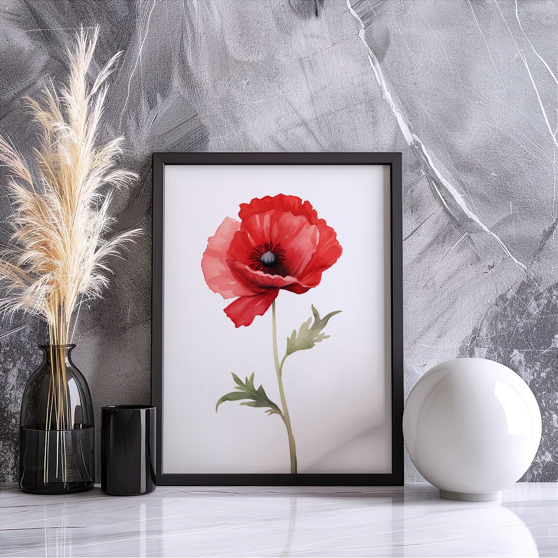 Red Poppy Bloom Minimalist Watercolor Single Fresh Flower Print - Image 5