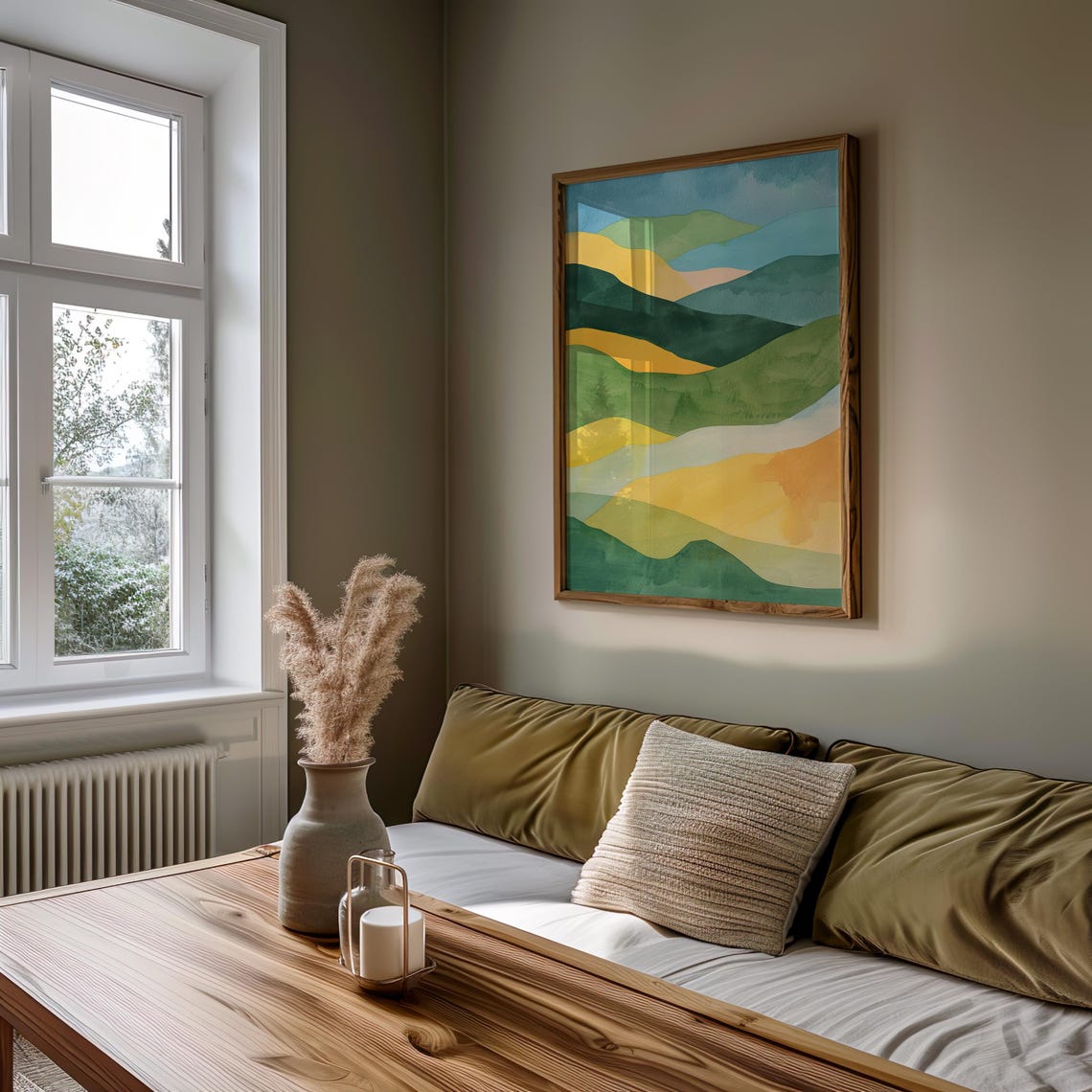 Abstract Rolling Green Hills Watercolor Yellow Layered Art Poster - Image 3