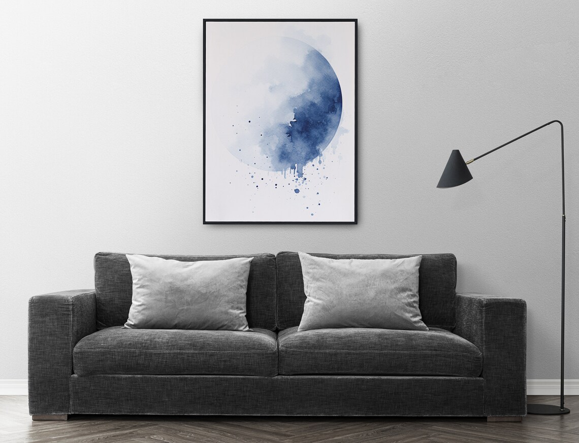 Blue Moon Watercolor Abstract Lunar Circle with Paint Splashes Art Poster - Image 4