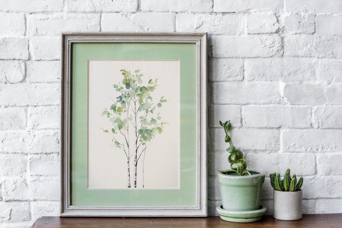 Green Birch Tree Watercolor Minimalist Spring Nature Art Poster - Image 4