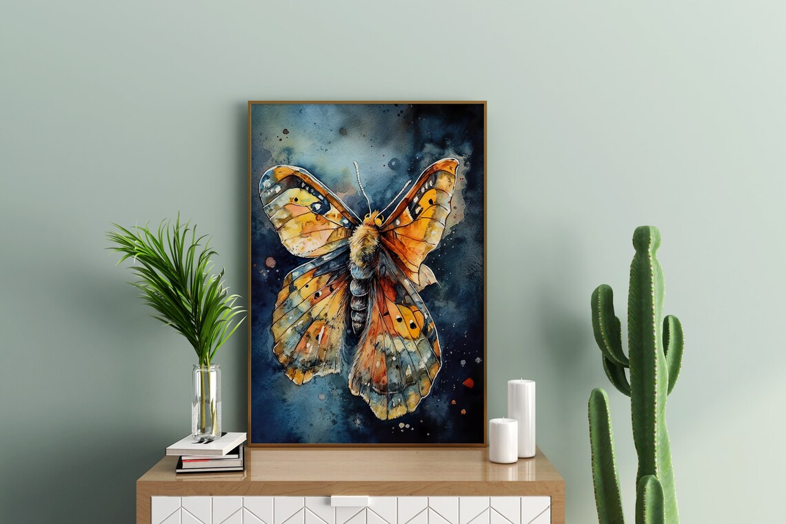 Orange Butterfly Watercolor Splash Dark Background Art Poster - Image 3