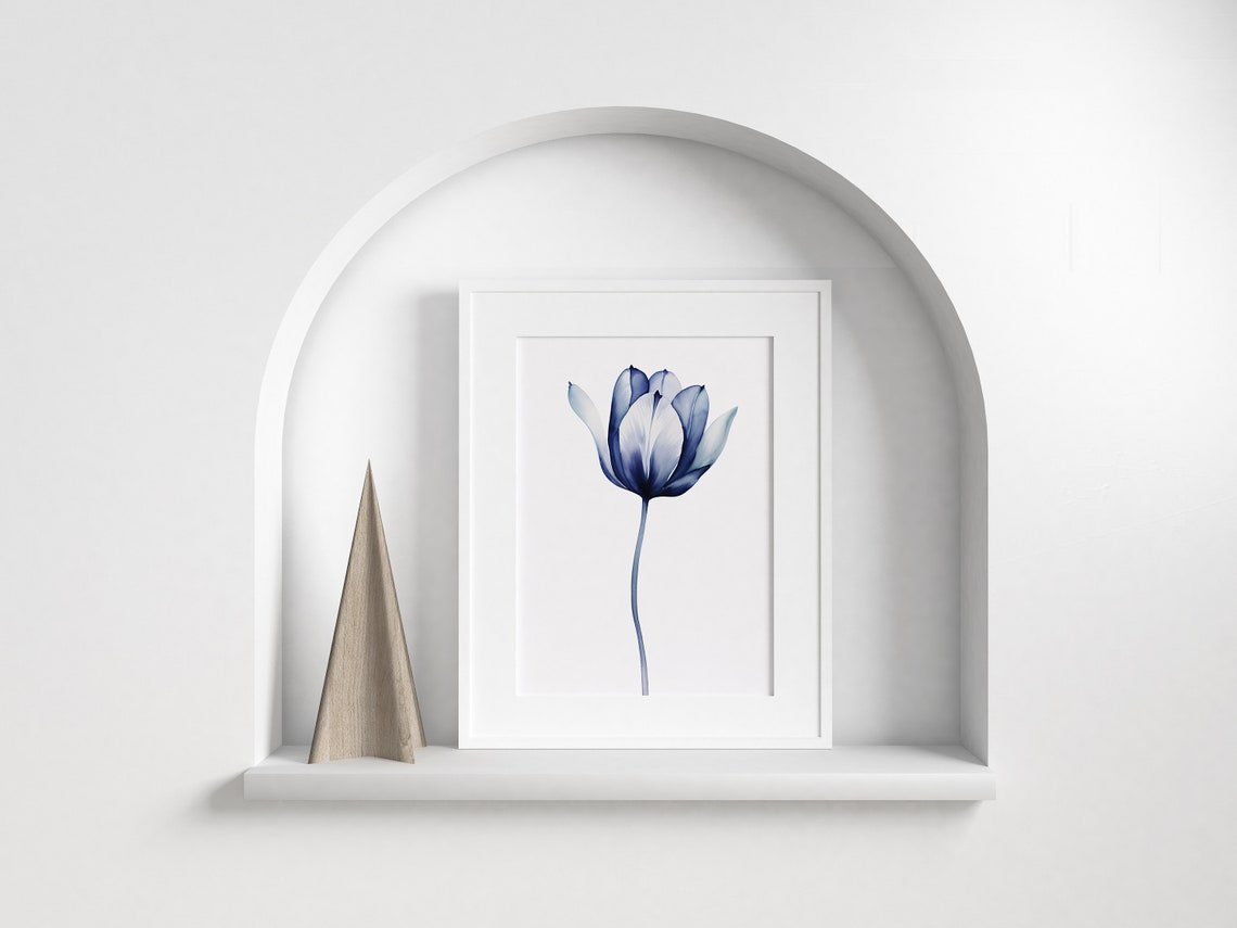 Navy Blue Tulip Watercolor Dark Bloom Single Stem Botanical Art Poster - Image 5