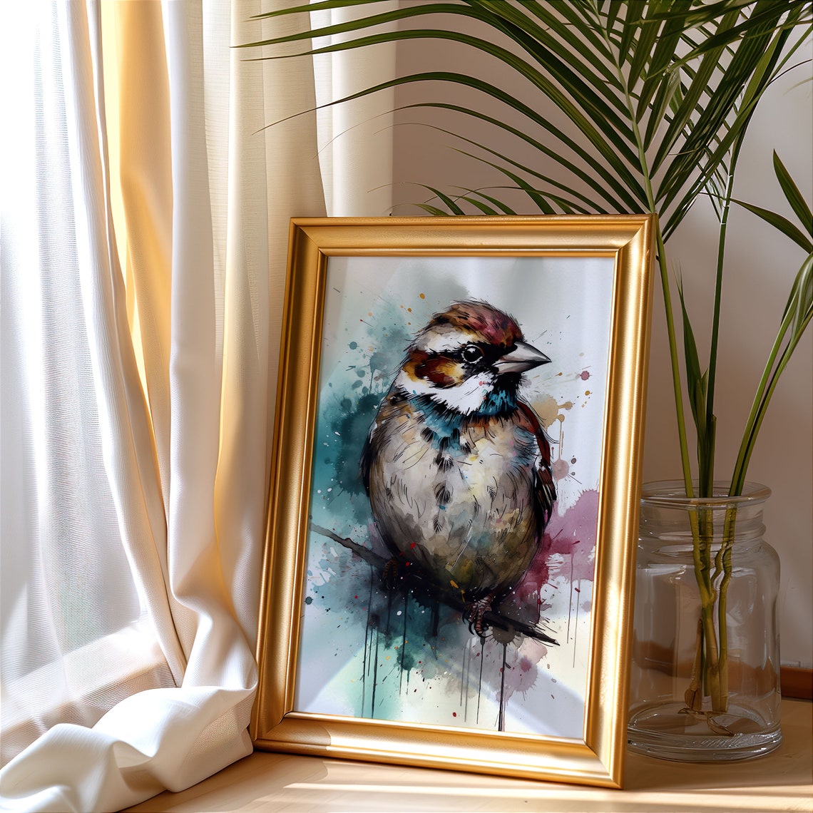 Sparrow Watercolor Portrait Perched Songbird Splash Art Poster - Image 3