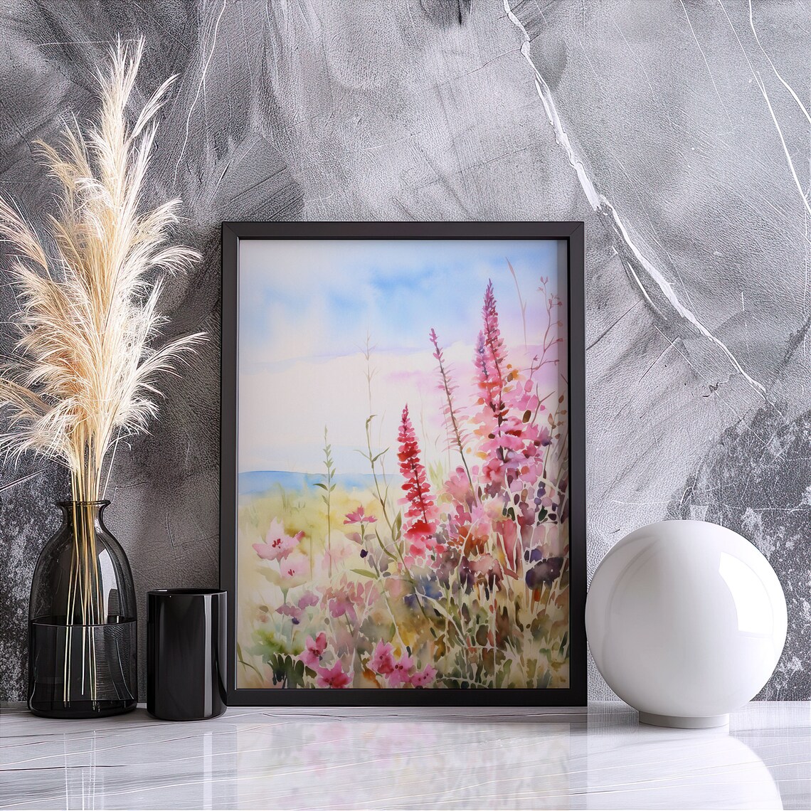 Pink Wildflower Field Sunset Watercolor Painting Poster for Dreamy Rooms - Image 4