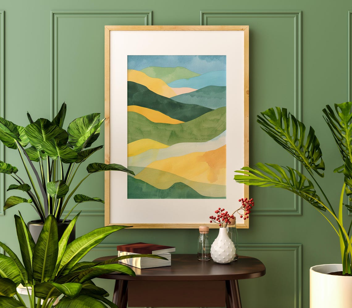 Abstract Rolling Green Hills Watercolor Yellow Layered Art Poster - Image 2