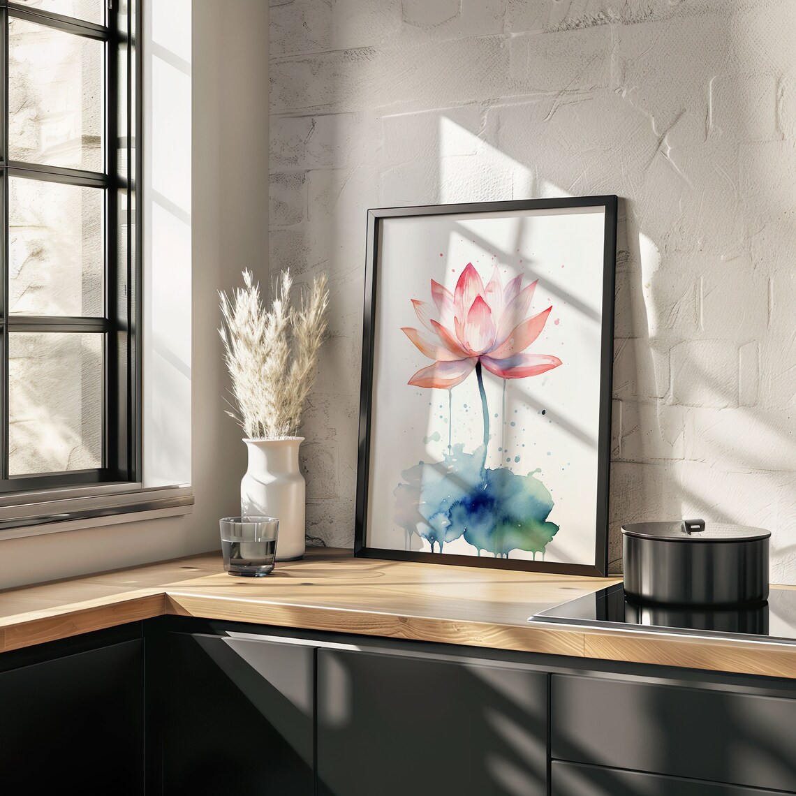 Pink Lotus Watercolor Blossom with Blue Splash Minimalist Floral Art Poster - Image 2