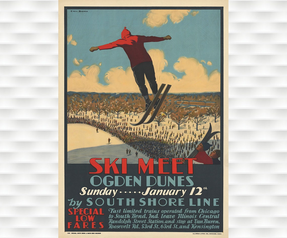 Ski Meet Ogden Dunes South Shore Line Vintage Winter Sports Poster