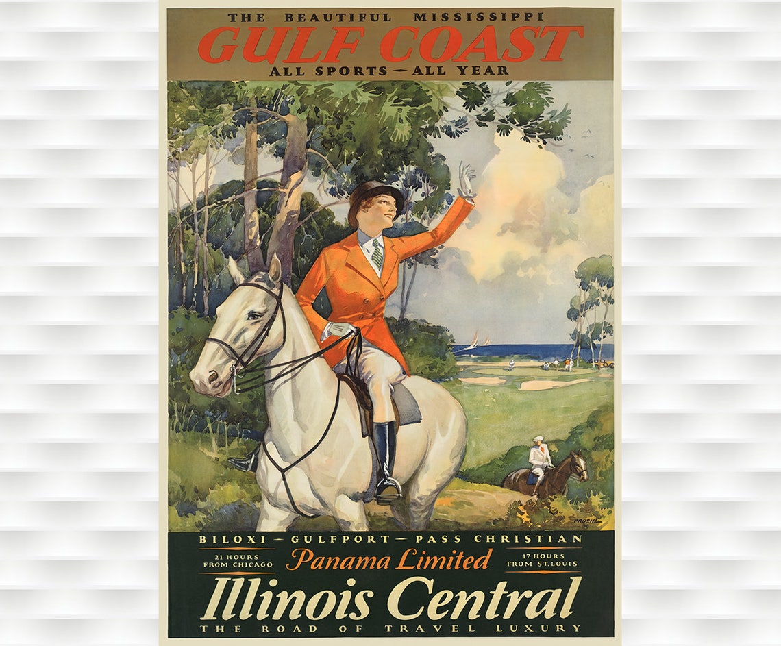 Illinois Central Railroad Gulf Coast Vintage Travel Poster Horseback