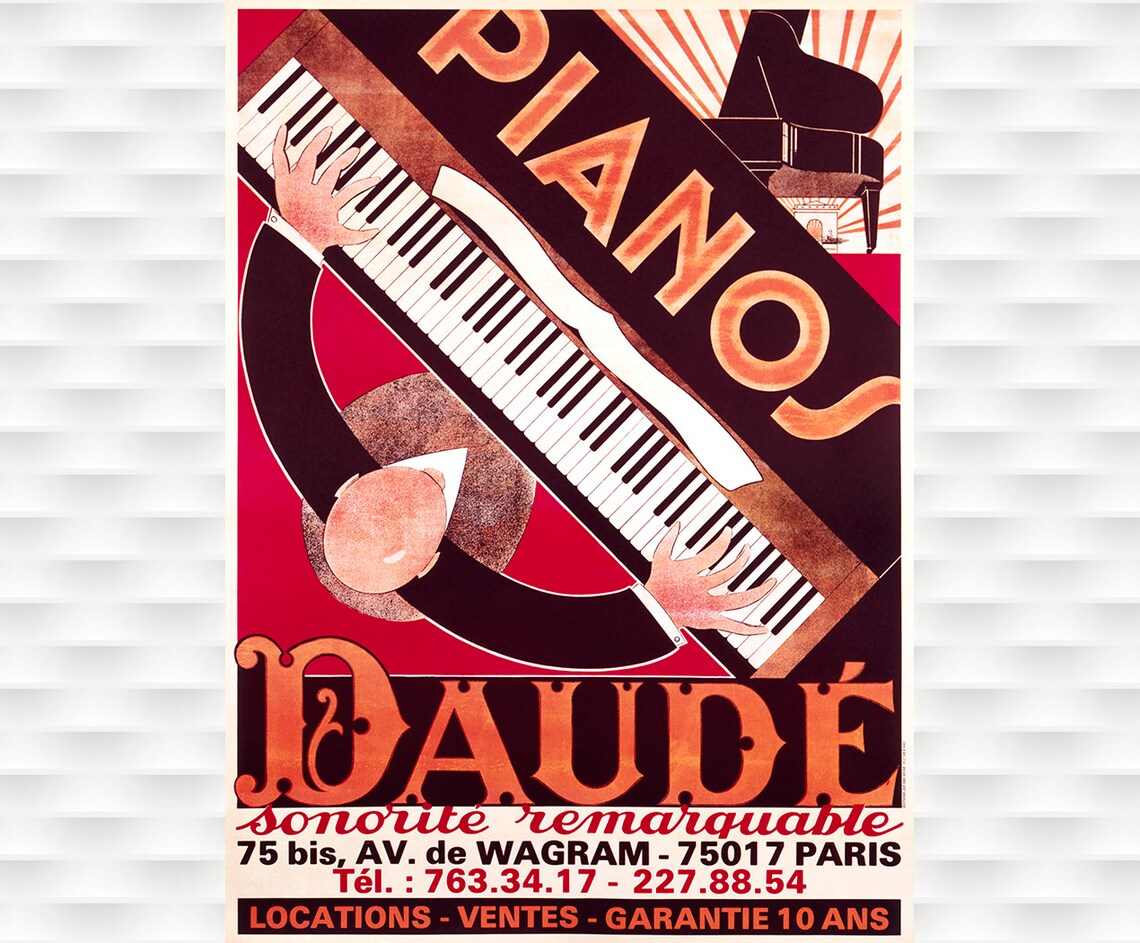 Pianos Daude Paris Vintage French Piano Shop Art Deco Keyboard Poster