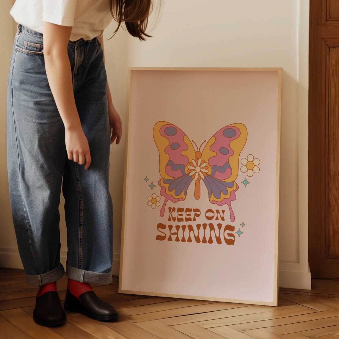 Cute Retro Wall Art Keep On Shining Wall Art Print Inspirational Print Butterfly Poster Wall Decor Art - Image 4