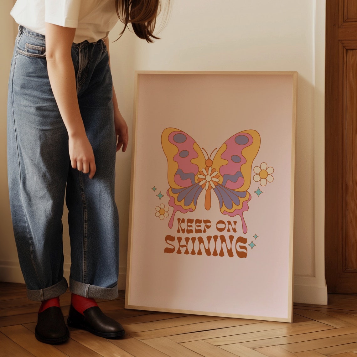 Keep on Shining Retro Butterfly Poster Groovy Pink Quote Wall Decor - Image 4