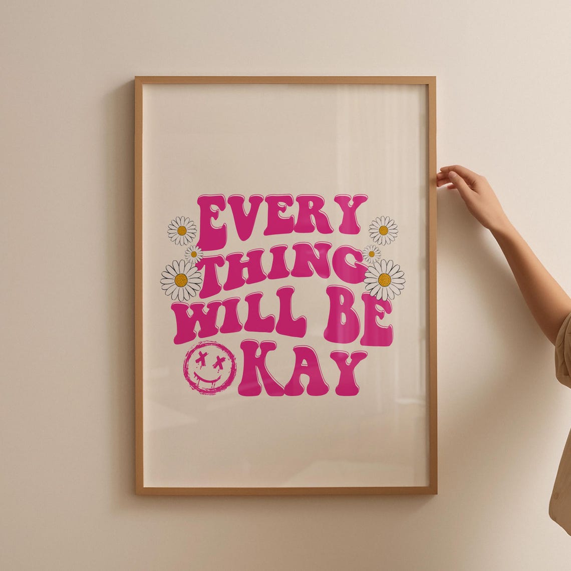 Everything Will Be Okay Cute Pink Retro Daisy Smiley Face Poster - Image 4