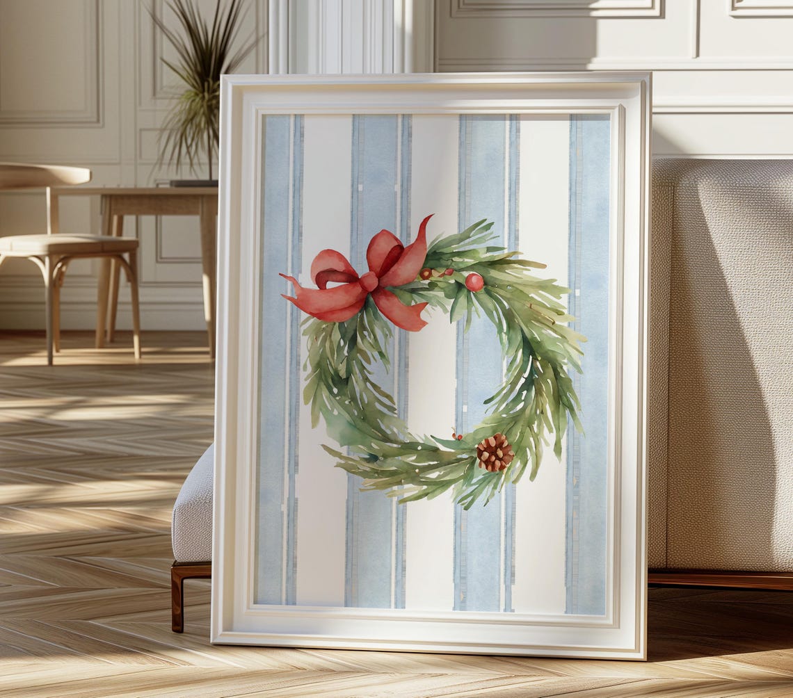 Christmas Wreath Watercolor Red Bow Holiday Season Wall Poster - Image 3