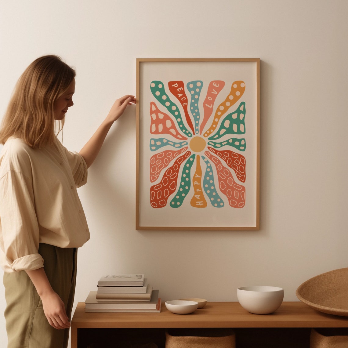 Peace Love Happy Colorful Sunburst Mandala Retro Boho Art Poster - Image 3
