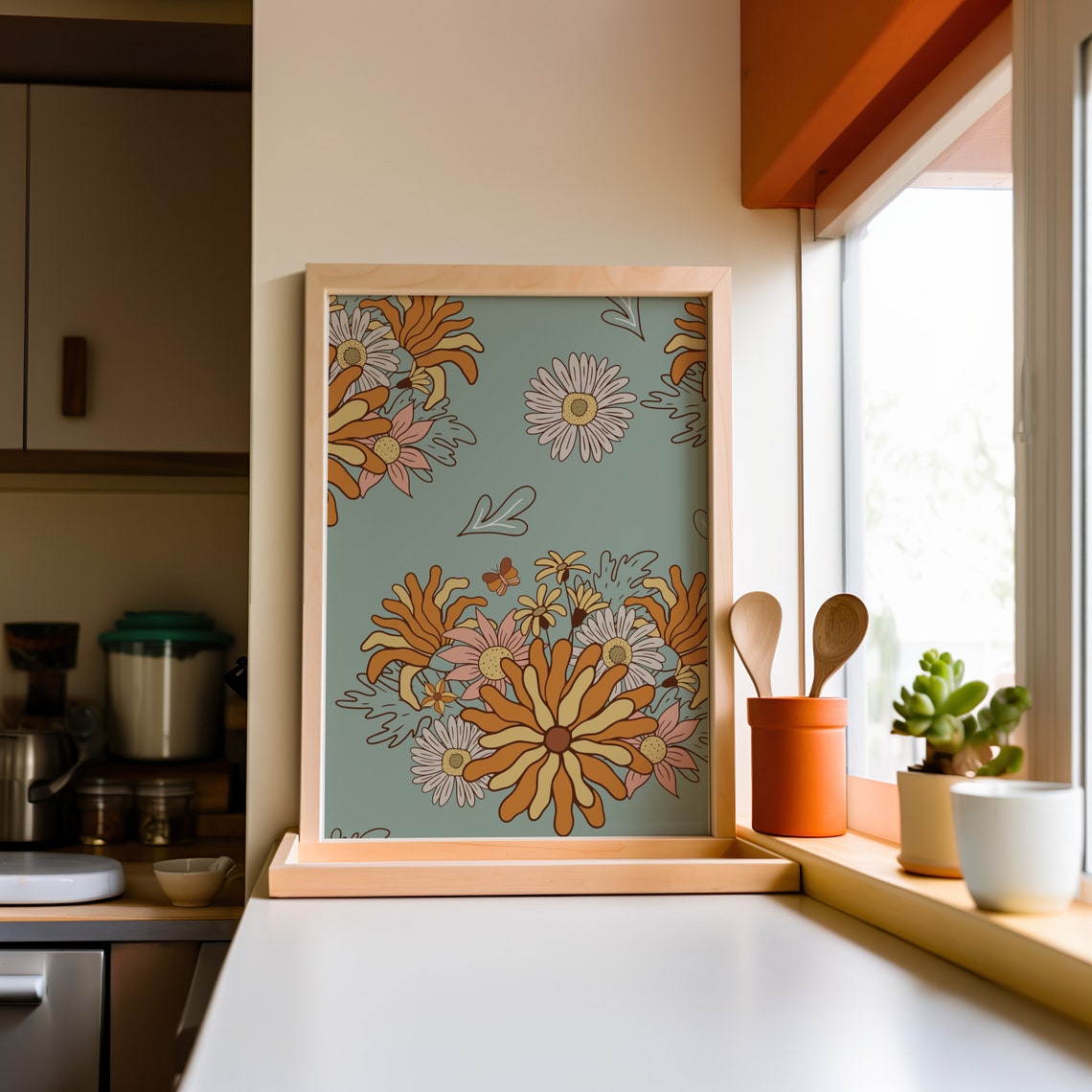 Boho Daisy Floral Pattern Retro Botanical Illustration Poster - Image 3