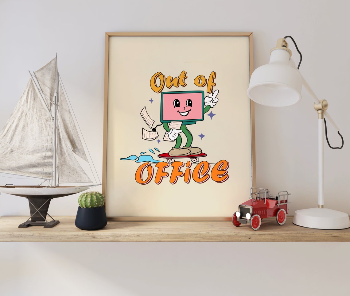 Out of Office Funny Retro Computer Character Skateboard Poster - Image 2