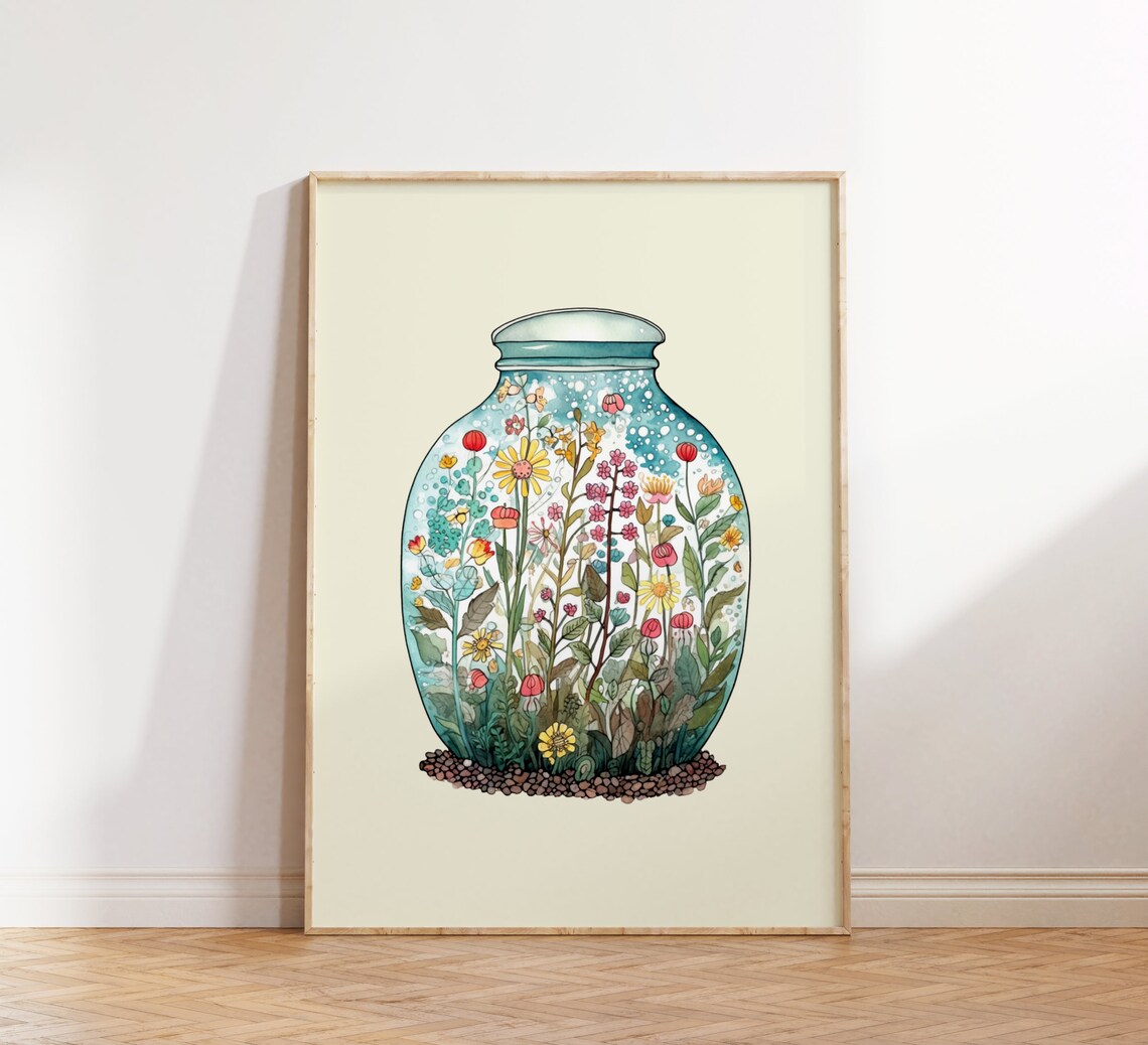 Wildflowers In Glass Jar Watercolor Botanical Terrarium Art Poster