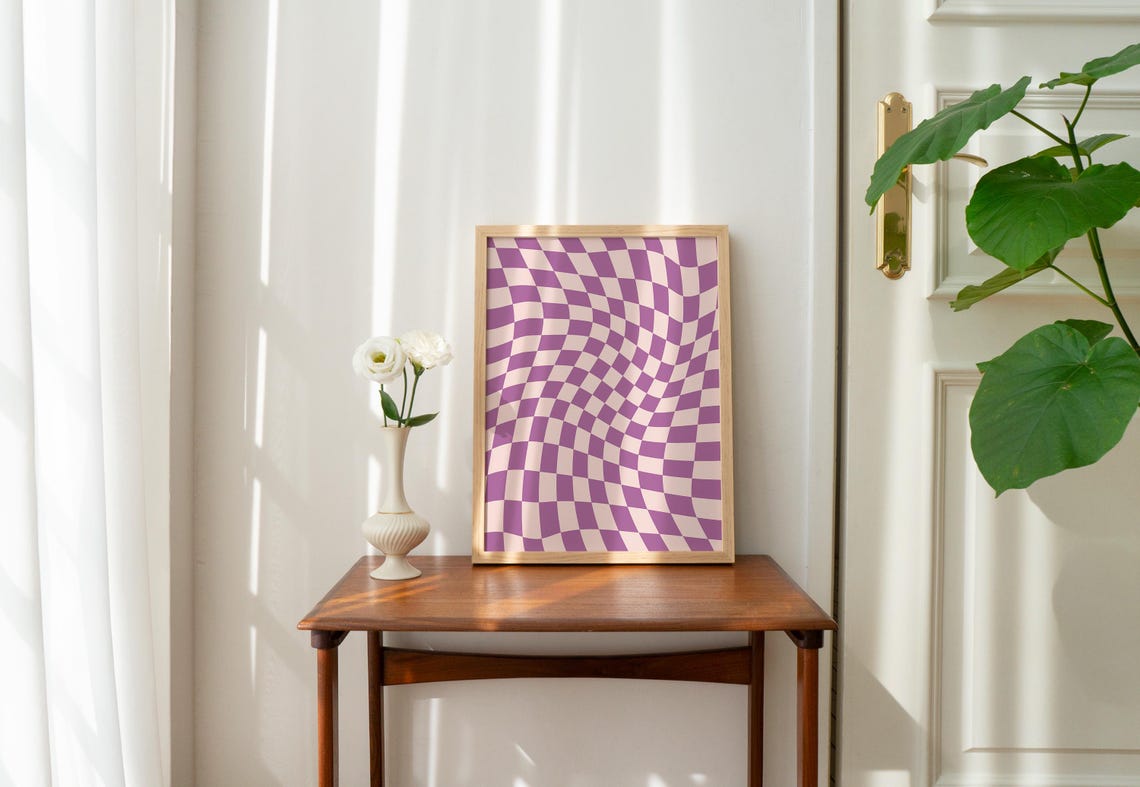 Wavy Checkerboard Pattern Purple Lilac Retro Abstract Poster - Image 4