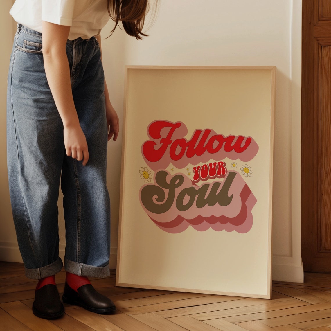 Follow Your Soul Retro Groovy 70s Quote Flower Smiley Wall Poster - Image 4