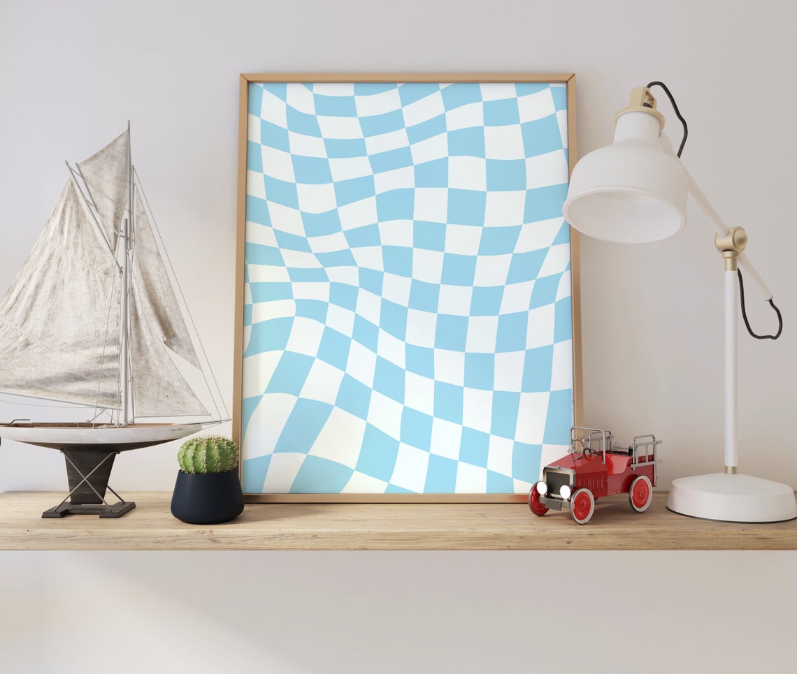 Blue White Wavy Checkerboard Groovy Optical Pattern Art Poster - Image 4