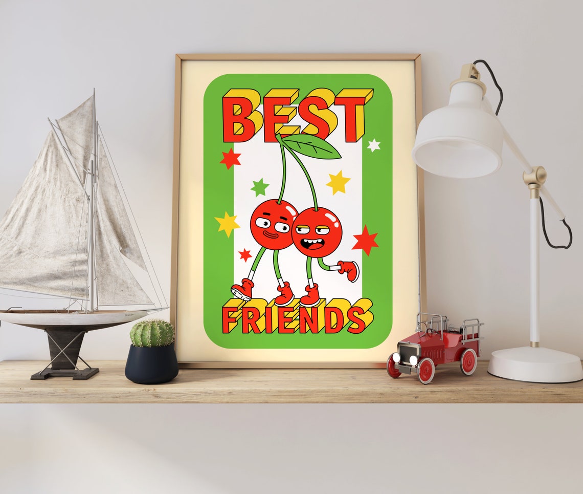 Best Friends Retro Cherry Characters Poster Fun Friendship Gift Decor - Image 2