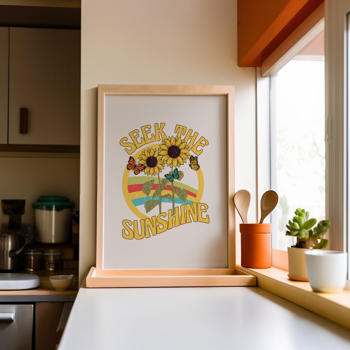 Seek The Sunshine Retro Sunflower Butterfly Groovy Quote Poster - Image 3