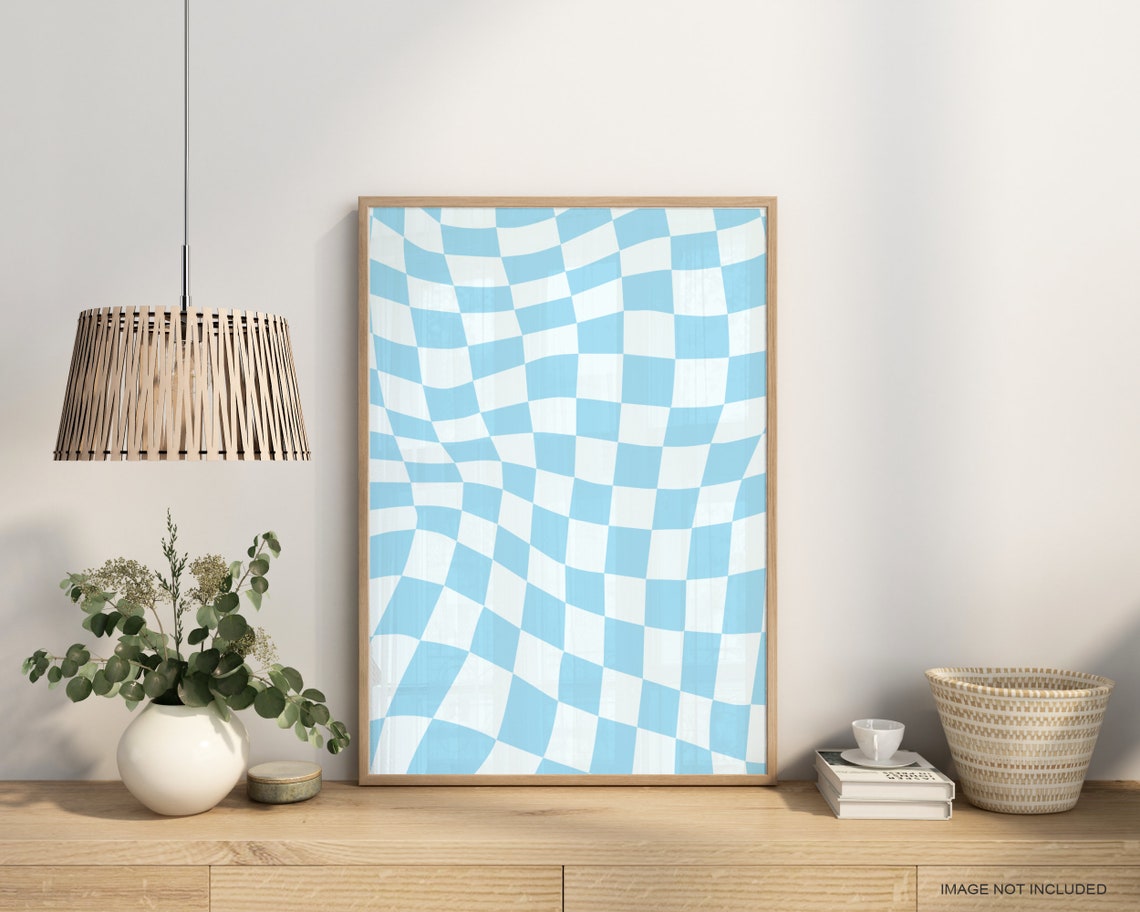 Blue White Wavy Checkerboard Groovy Optical Pattern Art Poster - Image 2