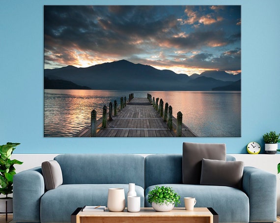 Lake Sunset Print Cloudy Mountain Wall Art Lake Mountains Print Nature Wall Art Pier Living Room Decor Lakeside Dock Sunset