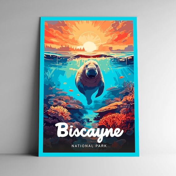 Biscayne National Park Manatee Coral Reef Sunset Vintage Poster