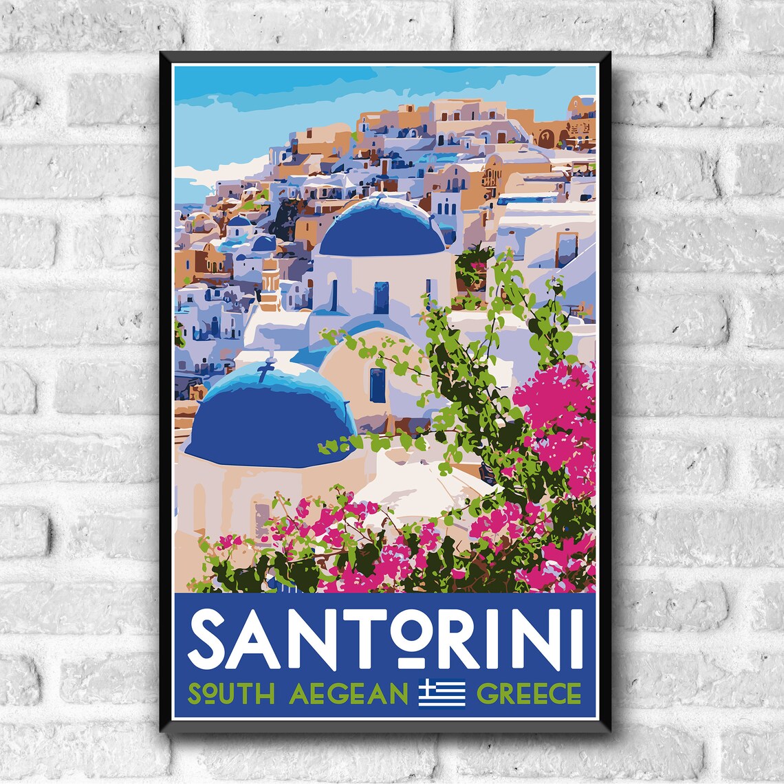 Santorini Greece Blue Domed Churches Bougainvillea Travel Poster Art - Image 3