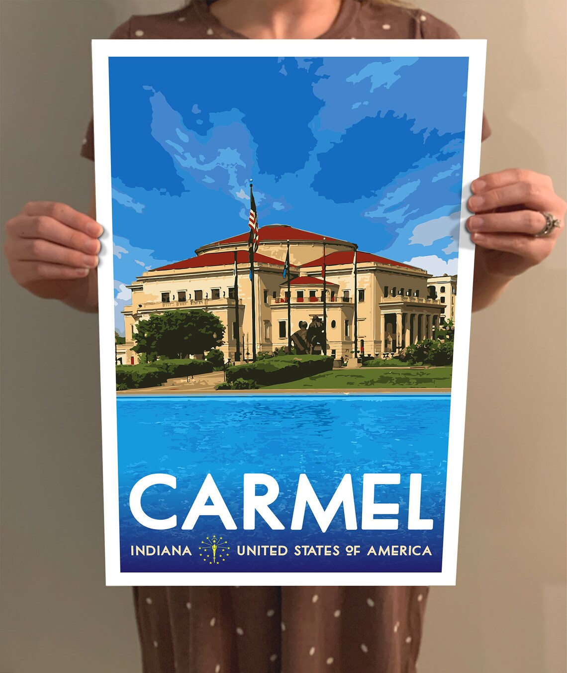 Carmel Indiana Vintage Travel Poster Concert Hall Flags Blue Sky Art - Image 2
