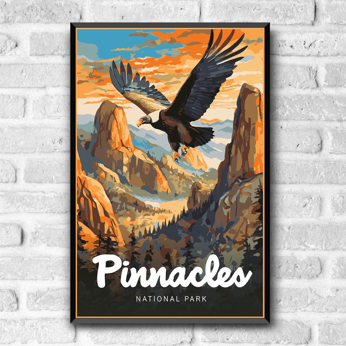 Pinnacles National Park Eagle Cliffs Retro Sunset Illustration Poster - Image 3