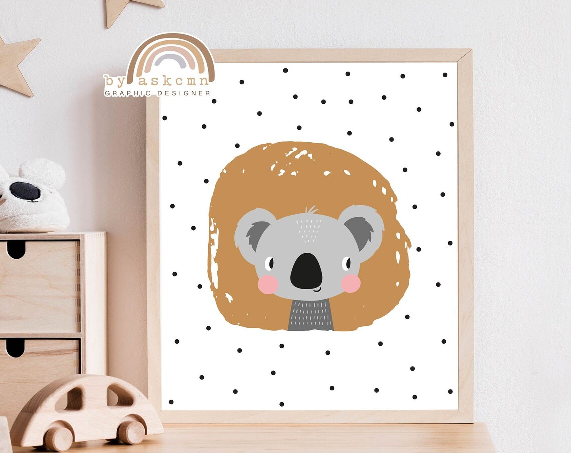 Cute Baby Koala Nursery Tan Circle Safari Kids Room Decor Poster